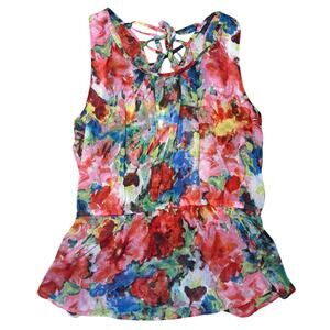Colorful sleeveless sheer top with a bright floral print & flared hem🌈🌺Size XL